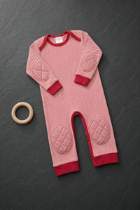 Red Stripe padded onesie front view - narrow red and cream stripes with solid red trim