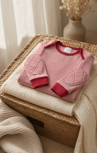 Red Stripe onesie folded on woven storage trunk with knit throw - slow-living nursery laundry styling