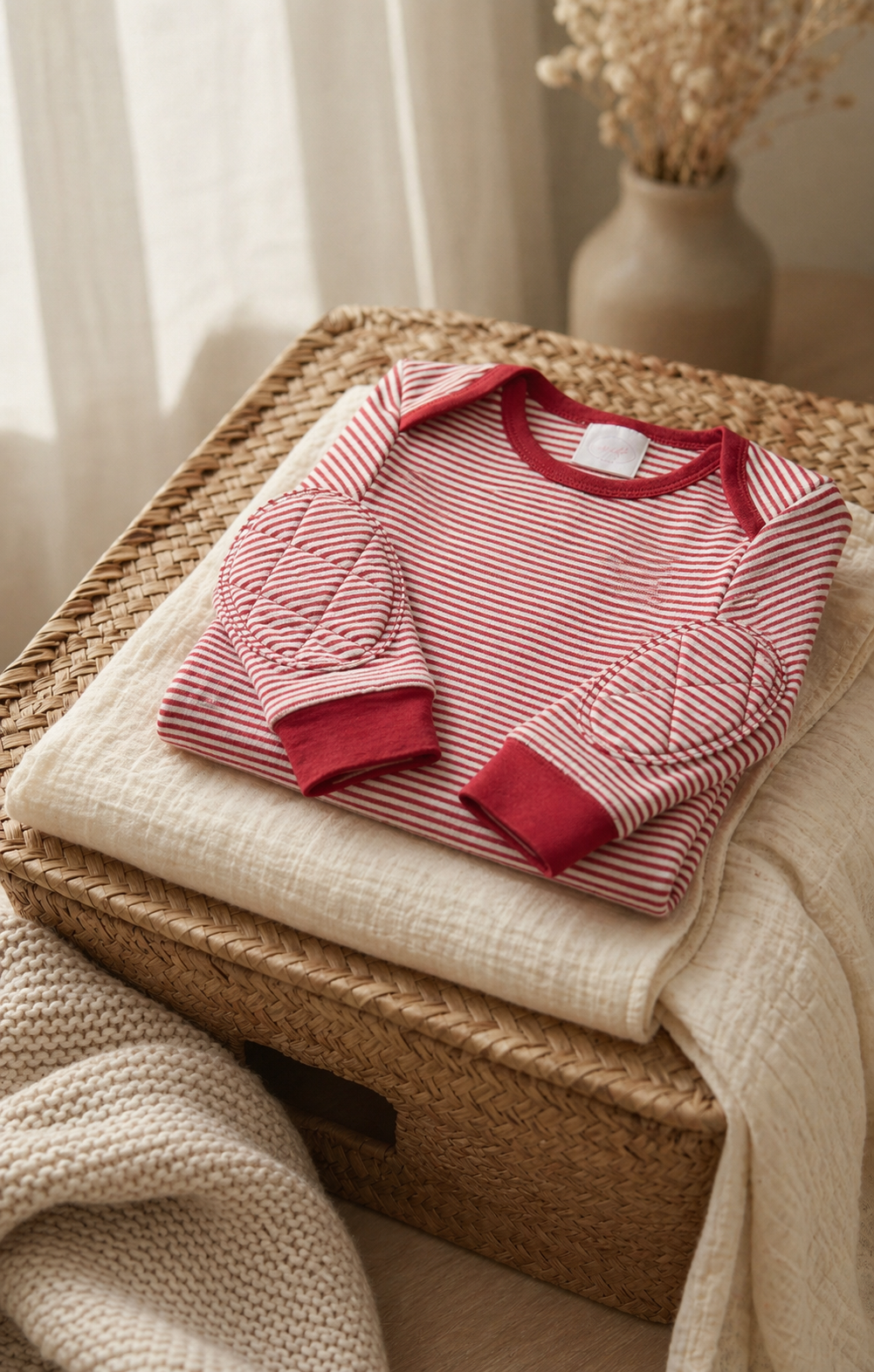 Folded ComfyCrawlers Red Stripe onesie on a woven storage trunk with cream knit throw and dried flowers - slow-living nursery